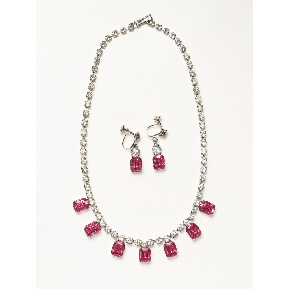 Vintage Pink Rhinestone Necklace and Earring Set Hollywood Glam